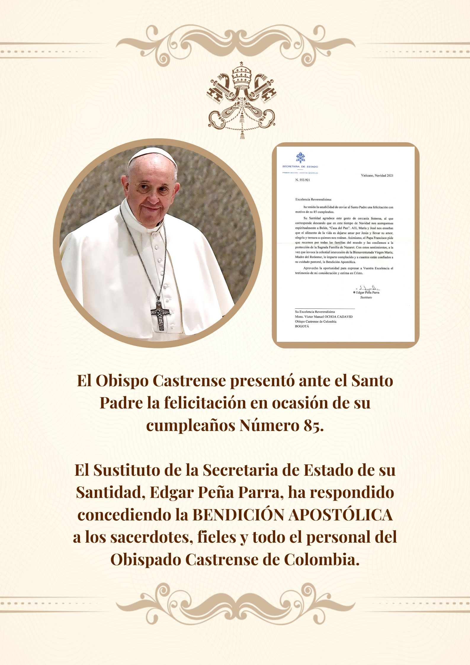 El Santo Papa Concedió La BENDICIÓN APOSTÓLICA A Los Sacerdotes, Fieles Y A Todo El Personal Del Obispado Castrense De Colombia